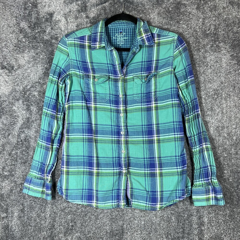 Kuhl Shirt Womens Small Blue Green Plaid Long Sleeve Button Up Casual Outdoors